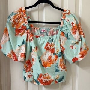 Buddy Love Green and Orange Flutter Sleeve Blouse